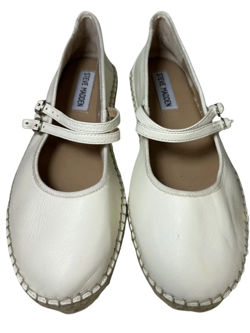 Steve Madden Brinn Mary Jane Espadrille Platform Flats White Leather Womens 9